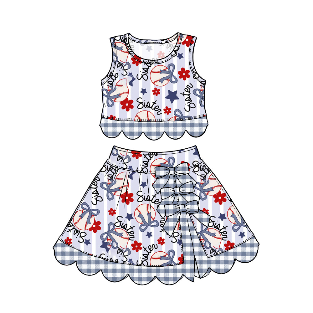 Preorder (moq 5) Baby Girl Clothes Baseball Sister Floral Stripe Mixed Print Sleeveless Crop Top Skirt Set