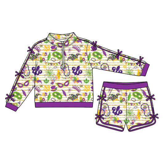Preorder (moq5) Baby Girls Bows Masks Stripe Zip Pullover Pockets Short Mardigras Set