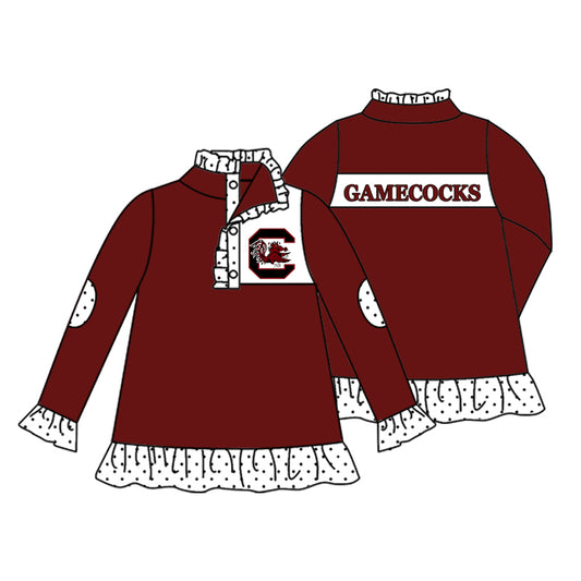 Preorder (moq 5)Baby Girls Maroon Long Sleeve Gamecocks Button Ruffle Team Pullovers Top