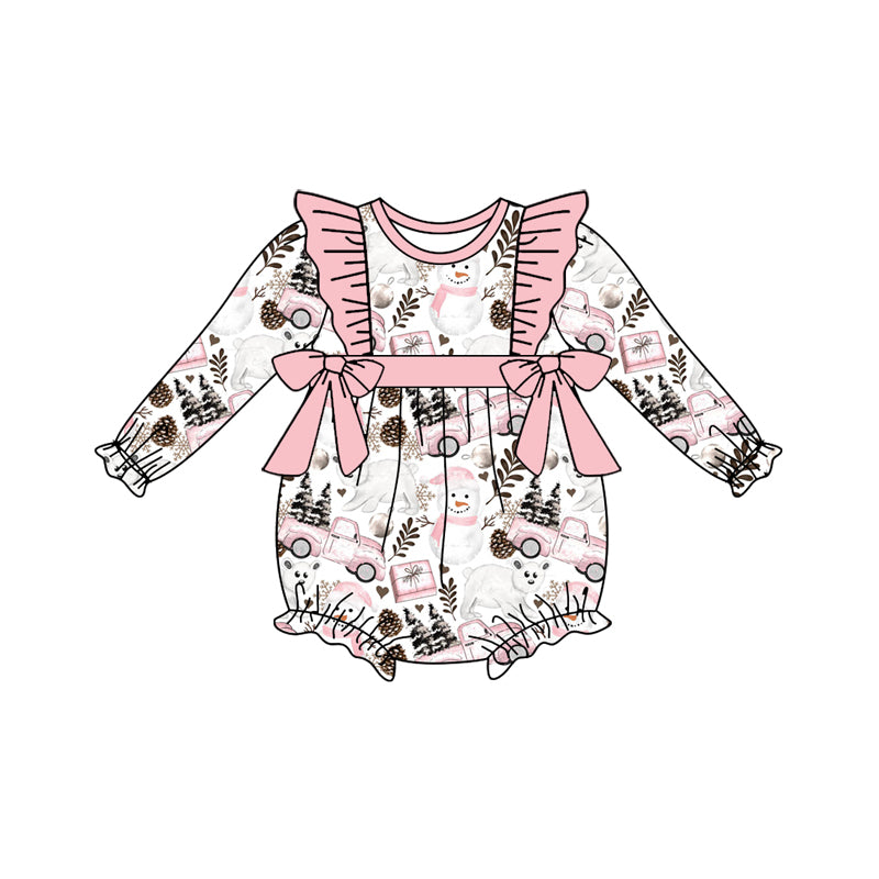 Preorder (moq 5)Baby Girls Long Sleeves Snowman Trees Trucks Bows Ruffle Romper