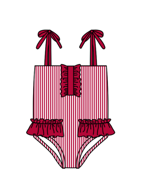 Preorder moq 5 Baby Girls Strap Red Stripe Team Swimsuits