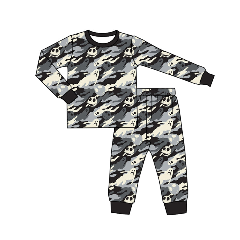 Preorder (moq 5)Baby Boys Long Sleeves Black Camo Ghosts Skulls Plaid Top Pants Pajamas Set