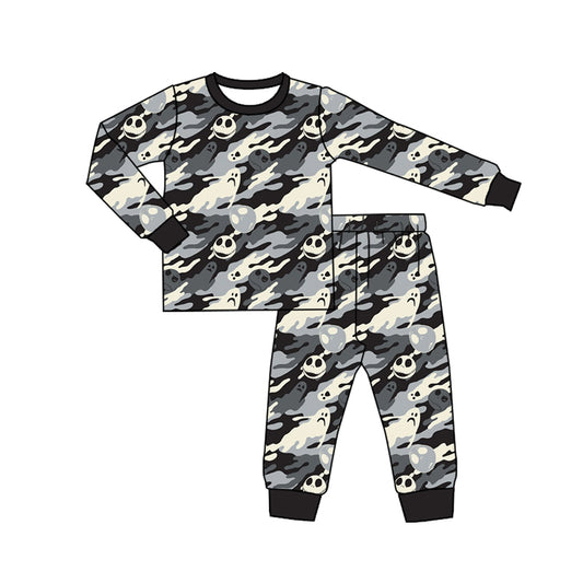 Preorder (moq 5)Baby Boys Long Sleeves Black Camo Ghosts Skulls Plaid Top Pants Pajamas Set