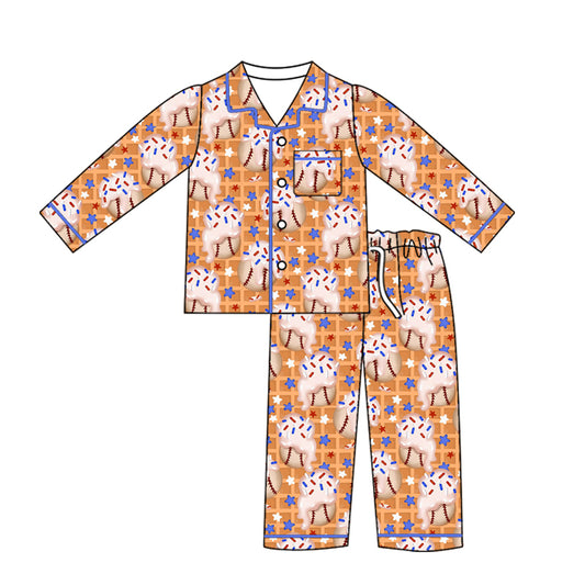 Preorder (moq 5)Baby Girls Sprinkles Baseballs Button Pocket Top Pant Team Pajamas Sets