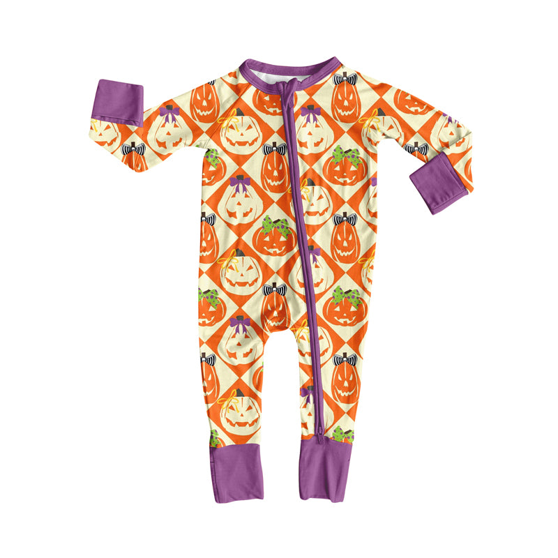 Preorder(moq 5)Baby Infant Boys Ghost Pumpkins Plaid Halloween Zipper Rompers
