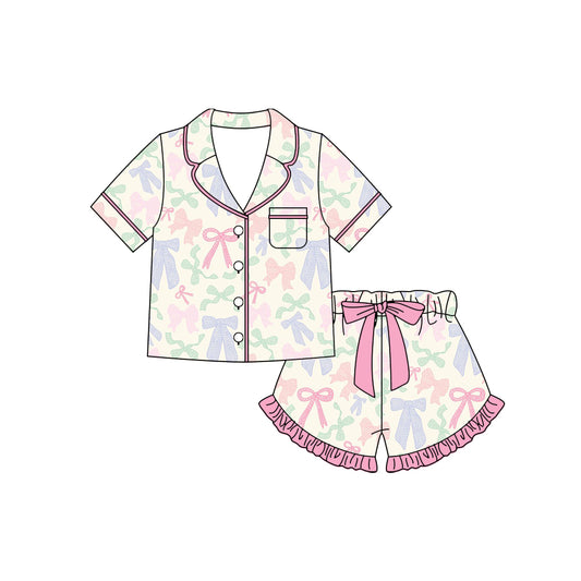 Preorder moq 5 Baby Girls Colorful Bows Button Pocket Top Ruffle Shorts Pajamas Sets