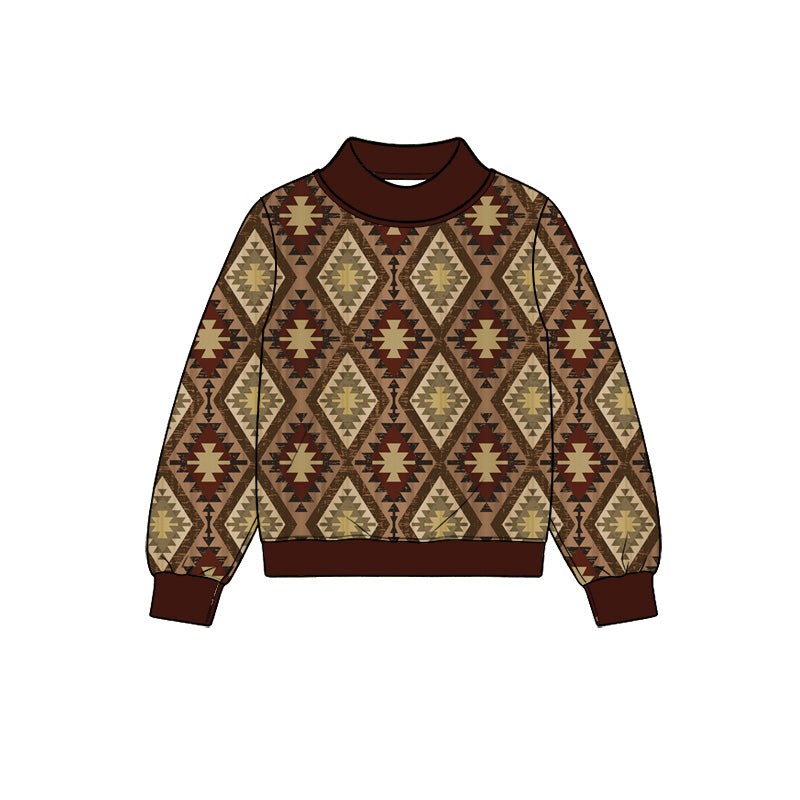 Preorder (moq 5) Baby Boy Clothes Western Tribal Diamond Geometric Print Long Sleeve Mock Neck Top