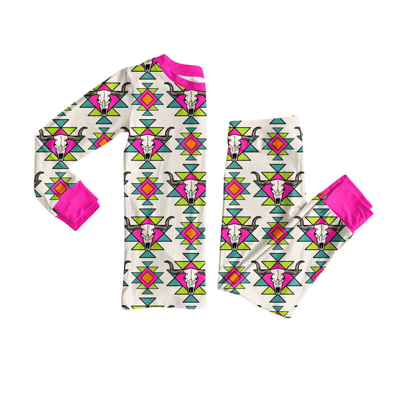 Preorder(moq 8)Baby Girls Long Sleeve Aztec Bull Skulls Top Pants Western Pajamas Sets