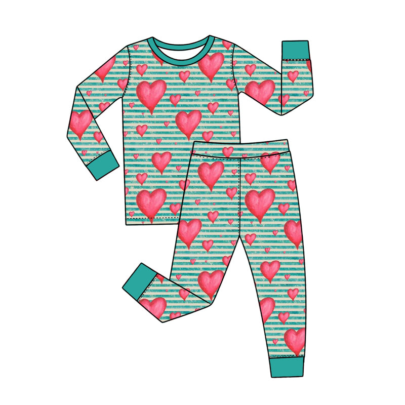 Preorder (moq 5) Baby Girl Clothes Teal Stripe Red Heart Mixed Print Long Sleeve Top Pant Pajama Set