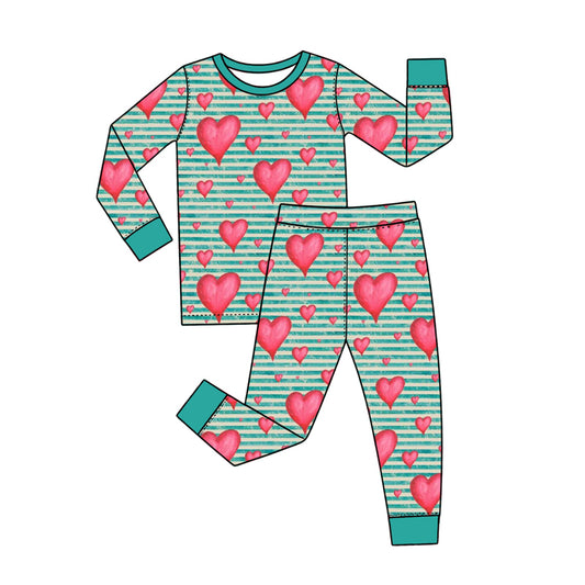 Preorder (moq 5) Baby Girl Clothes Teal Stripe Red Heart Mixed Print Long Sleeve Top Pant Pajama Set