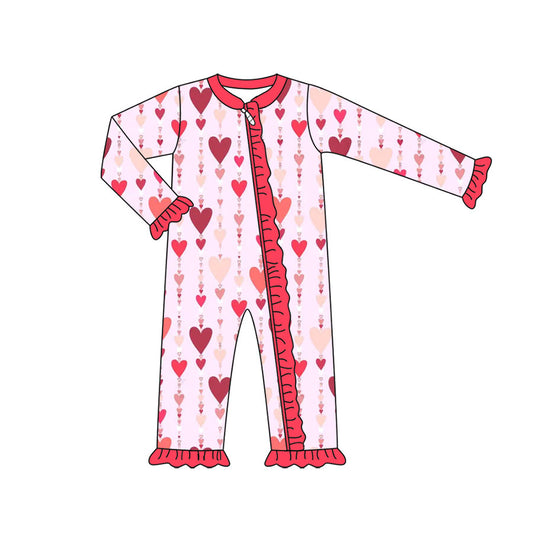 Preorder (moq 5) Baby Girl Clothes Valentine Multi Red Heart Print Long Sleeve Zipper Ruffle Romper