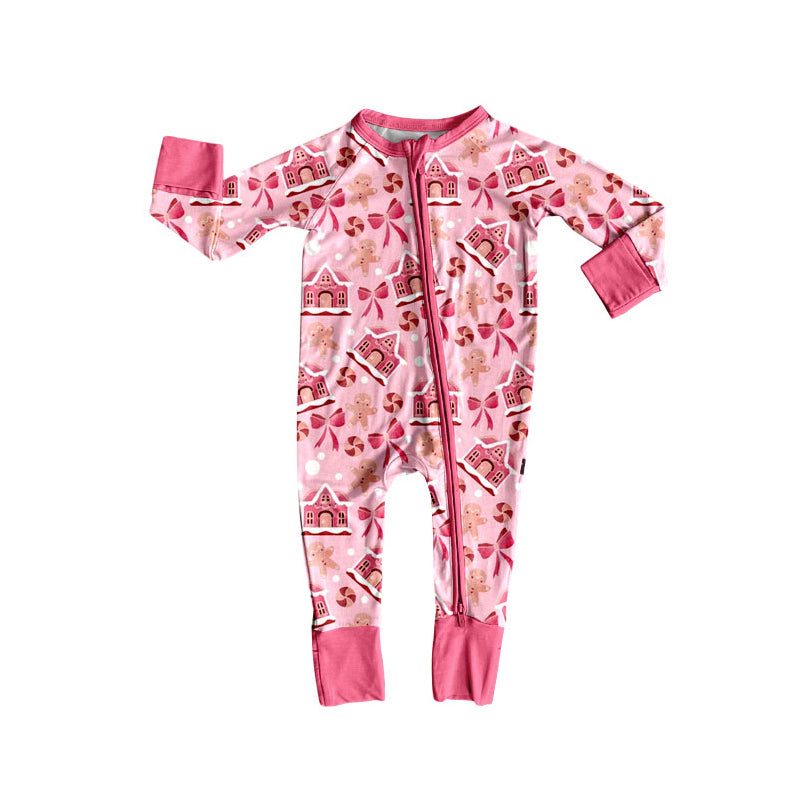 Preorder (moq 20)Baby Girls Bamboo Pink Houses Gingerbread Christmas Zippy Footie Rompers