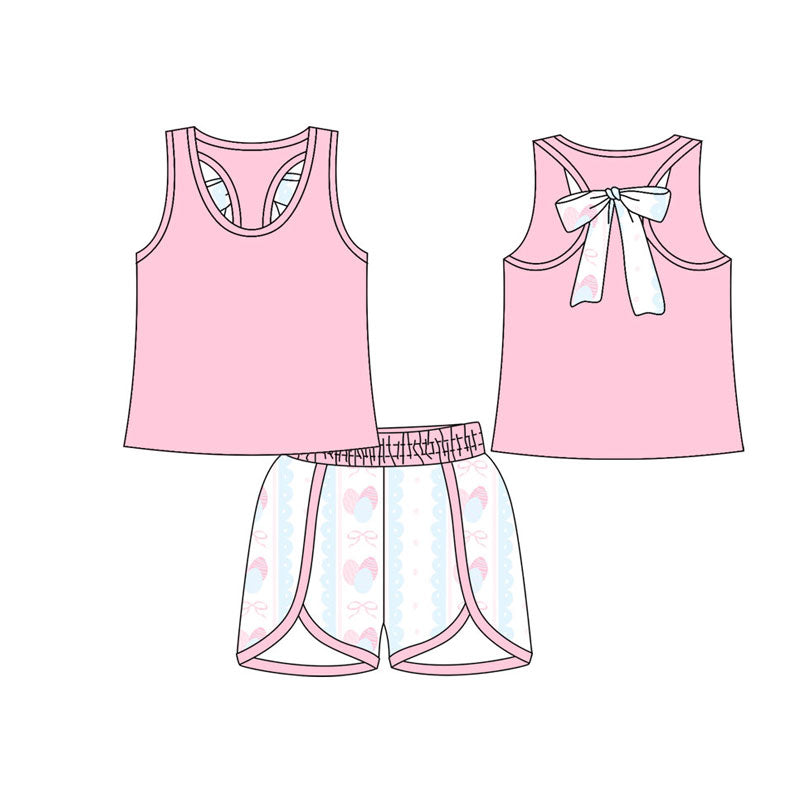 Preorder(moq 5) Baby Girls Pink Sleeveless Back Bow Top Eggs Bows Shorts Easter Clothes Sets