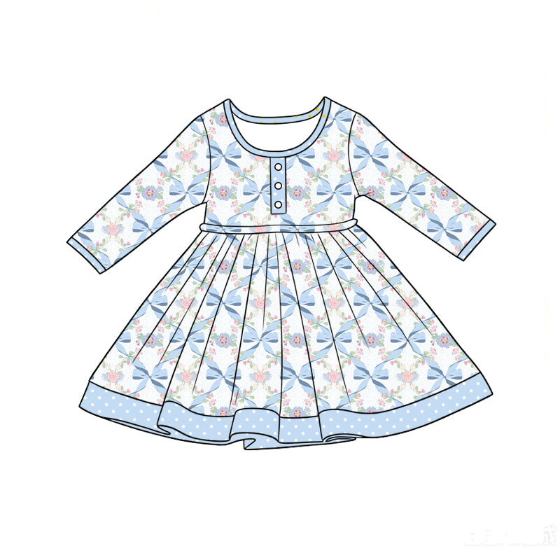 Preorder (moq 5)Baby Girls Long Sleeve Blue Bows Flowers Button Ruffle Knee Length Dress