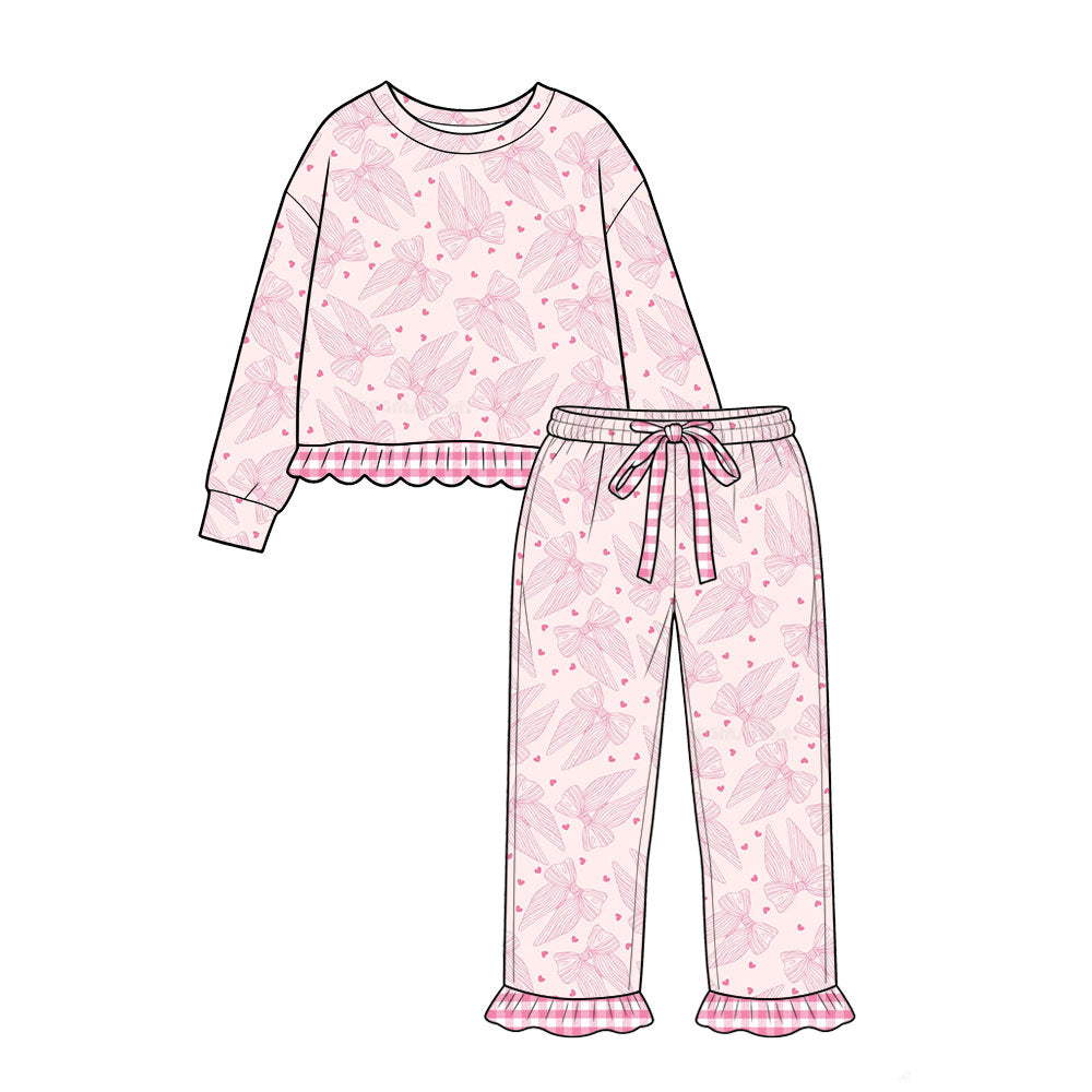 Preorder(moq 5) Baby Girls Bows Hearts Top Ruffle Pant Valentines Pajamas Clothes Sets