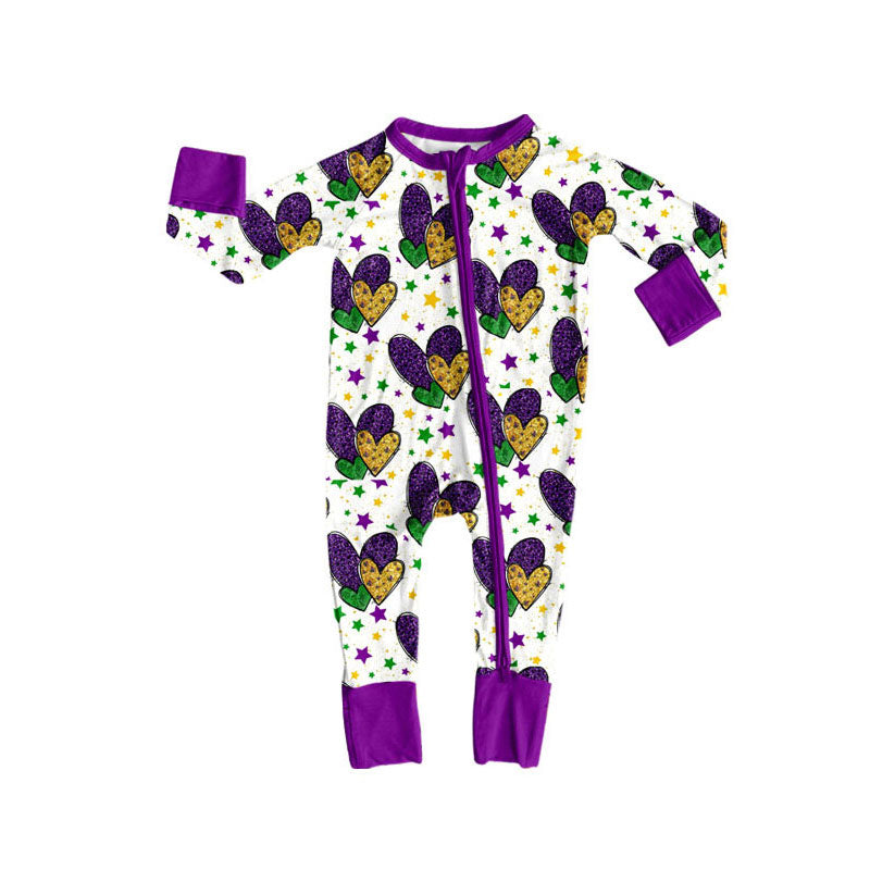 Preorder (moq 5)Baby Girls Purple Yellow Green Hearts Mardigras Zipper Footie Rompers