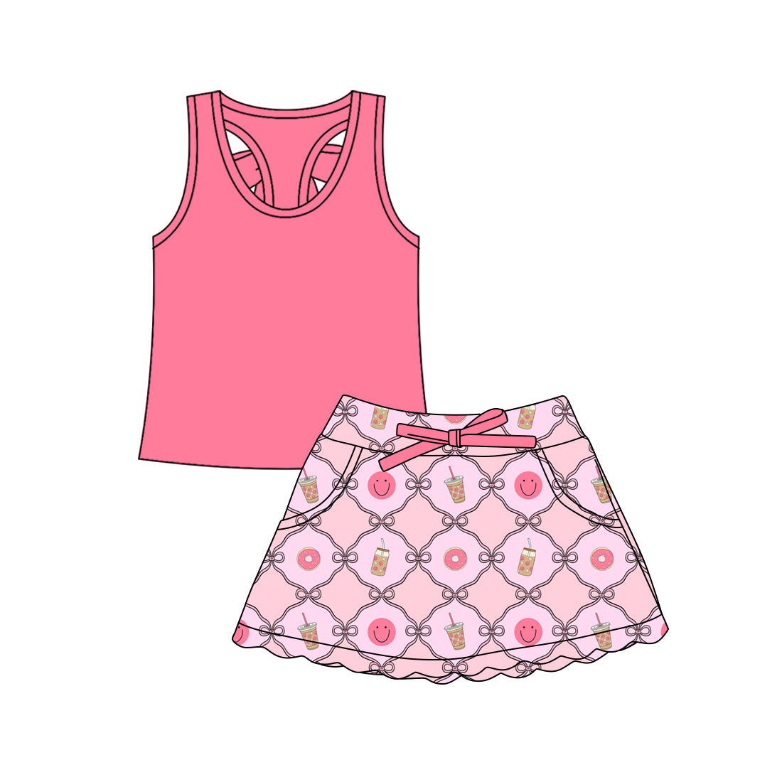 Preorder (moq 5)Baby Girls Pink Vests Bows Smiles Checked Scallop Pockets Skirt Shorts Clothes Sets