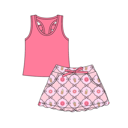 Preorder (moq 5)Baby Girls Pink Vests Bows Smiles Checked Scallop Pockets Skirt Shorts Clothes Sets