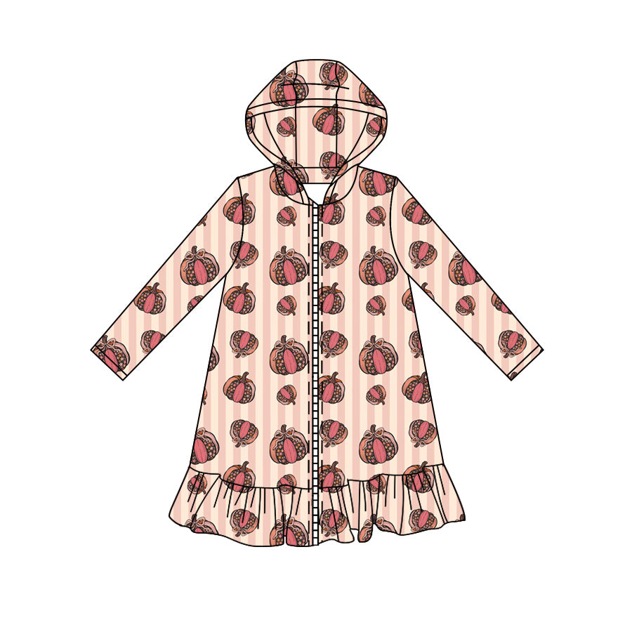 Preorder moq 5 Baby Girls Long Sleeve Pink Stripe Pumpkins Fall Zip Ruffle Knee Length Dresses