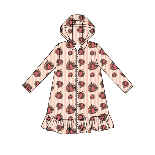 Preorder moq 5 Baby Girls Long Sleeve Pink Stripe Pumpkins Fall Zip Ruffle Knee Length Dresses