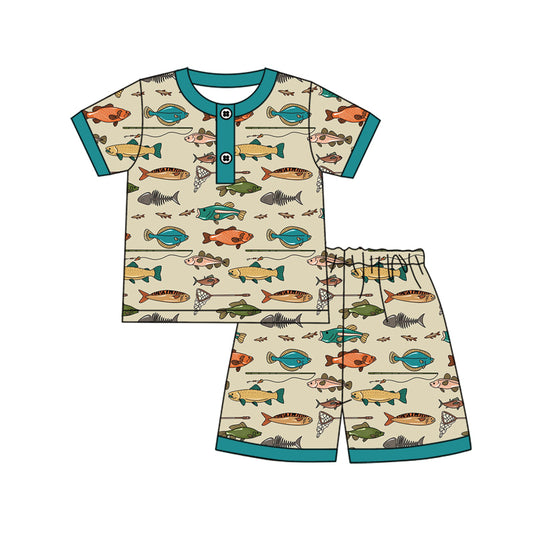 Preorder moq 5 Baby Boys Short Sleeves Fishing Button Top Shorts Pajamas Set