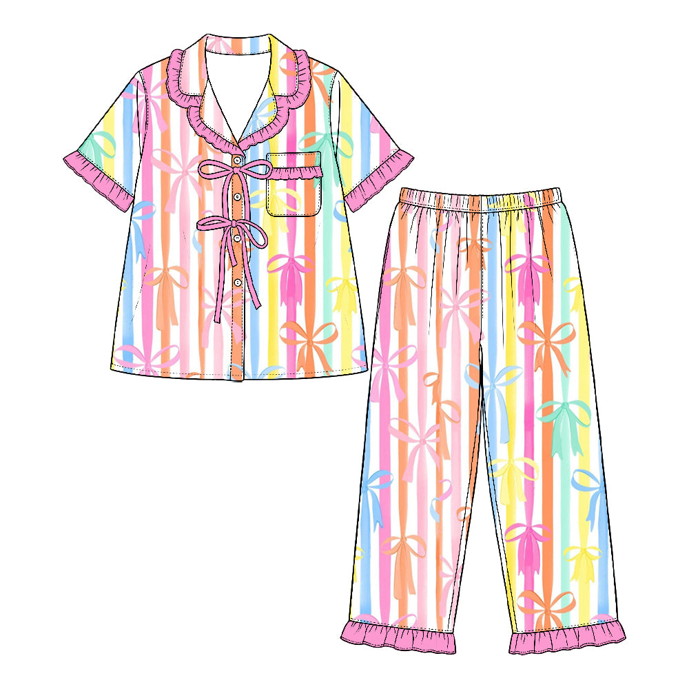 Preorder (moq 5) Baby Girl Clothes Watercolor Stripe Bow Mixed Print Short Sleeve Ruffle Pajama Set