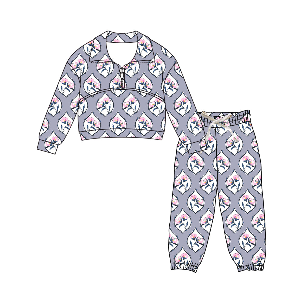 Preorder (moq 5)Baby Girls Flowers Checked Zipper Top Jogger Pants Clothes Sets