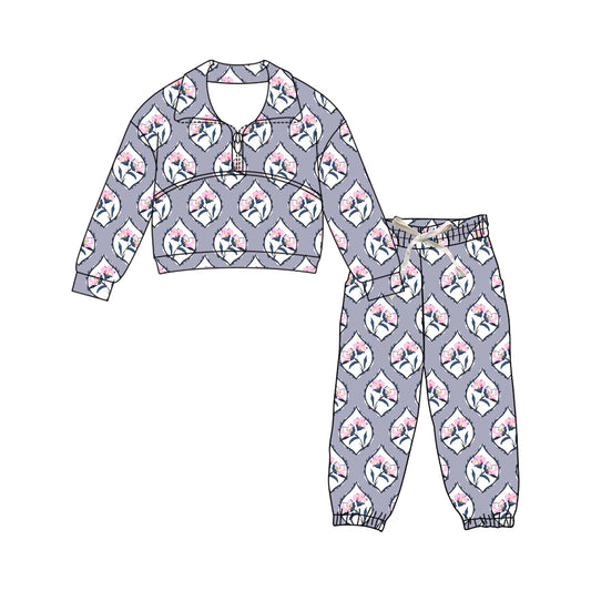 Preorder (moq 5)Baby Girls Flowers Checked Zipper Top Jogger Pants Clothes Sets
