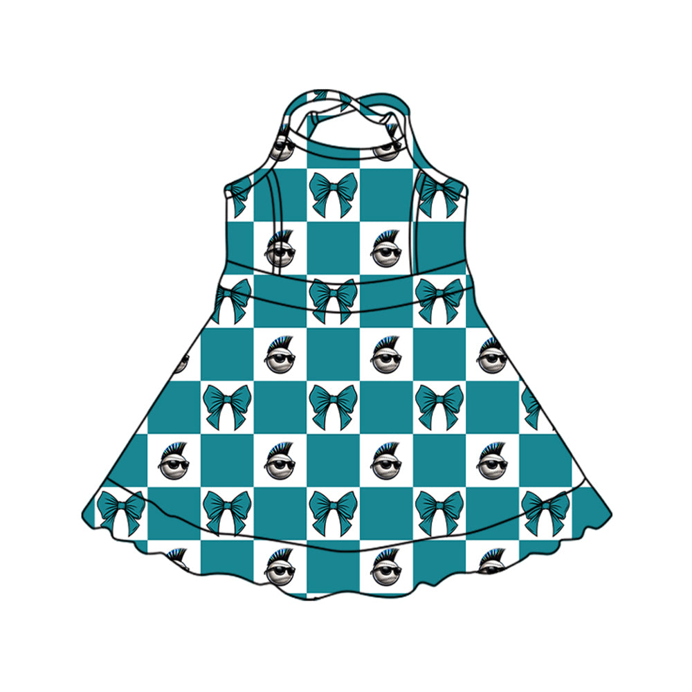 Preorder (moq 5)Baby Girls Strap Green Bows Checked Chaos Yoga Active Team Short Knee Length Dress
