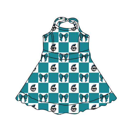 Preorder (moq 5)Baby Girls Strap Green Bows Checked Chaos Yoga Active Team Short Knee Length Dress
