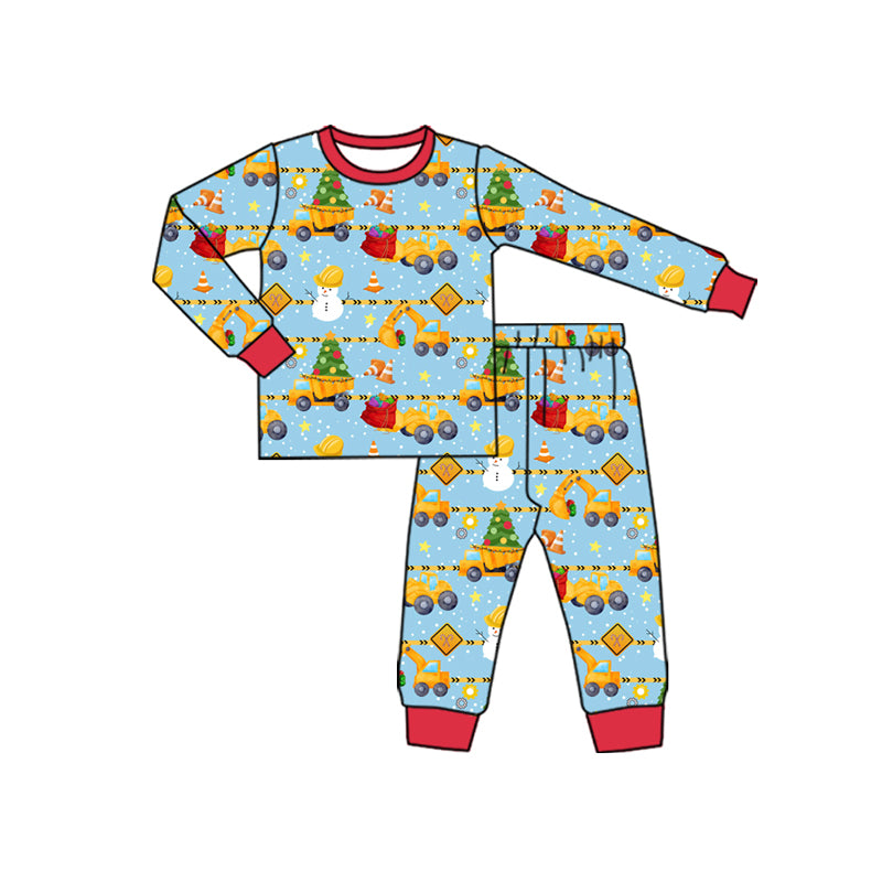 Preorder(moq 5) Baby Boys Long Sleeves Excavators Plaid Top Pants Pajamas Set