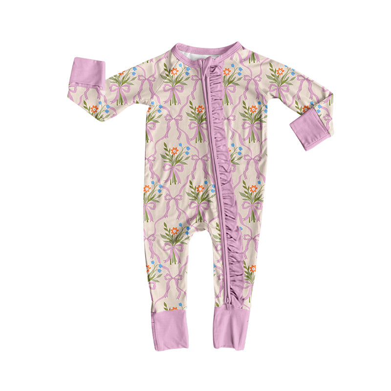 Preorder (moq 5)Baby Girls Bows Flowers Two Way Ruffle Zip Convertible Rompers