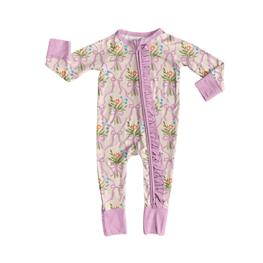 Preorder (moq 5)Baby Girls Bows Flowers Two Way Ruffle Zip Convertible Rompers