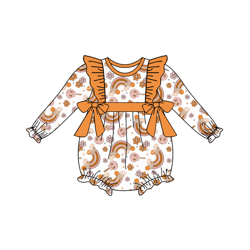 Preorder (moq 5)Baby Girls Long Sleeves Flowers Rainbows Pumpkins Bows Ruffle Romper
