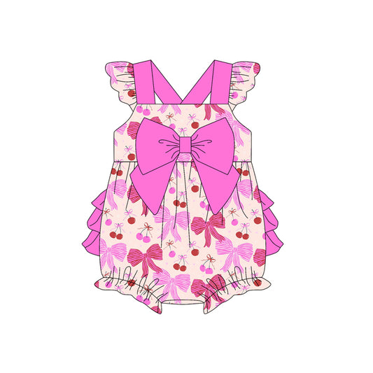 Preorder (moq 5)Baby Girls Hot Pink Flutter Sleeves Colorful Bows Ruffle Bubble Rompers