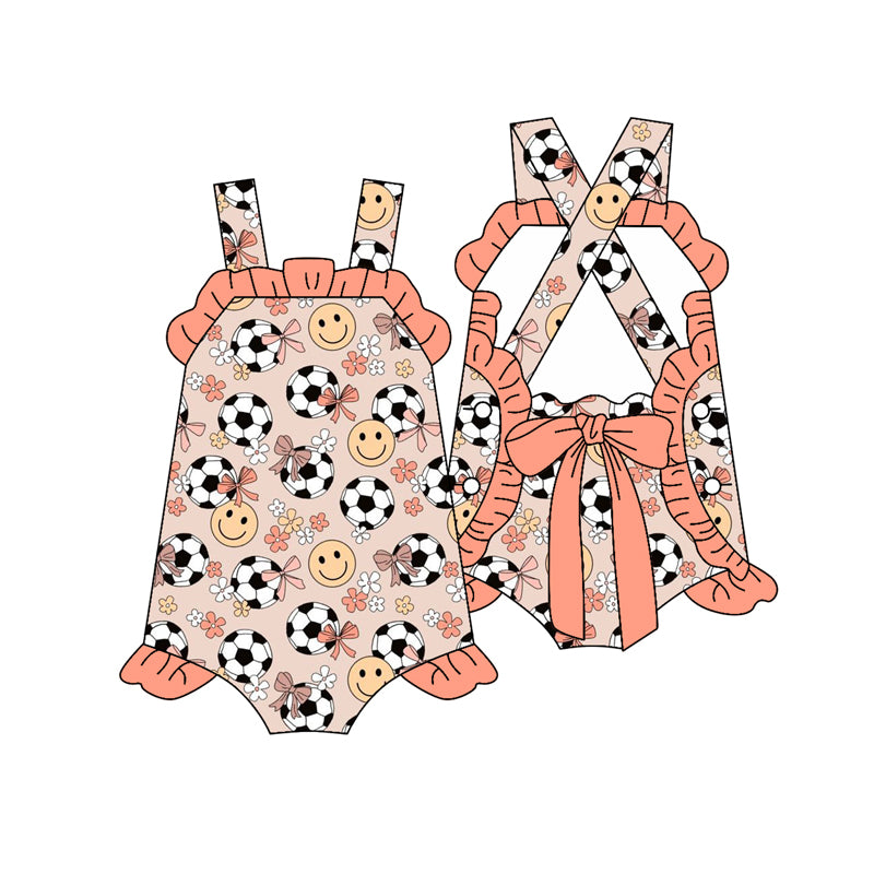 Preorder(moq 5)Baby Infant Girls Peach Strap Flowers Smiles Footballs Ruffle Rompers