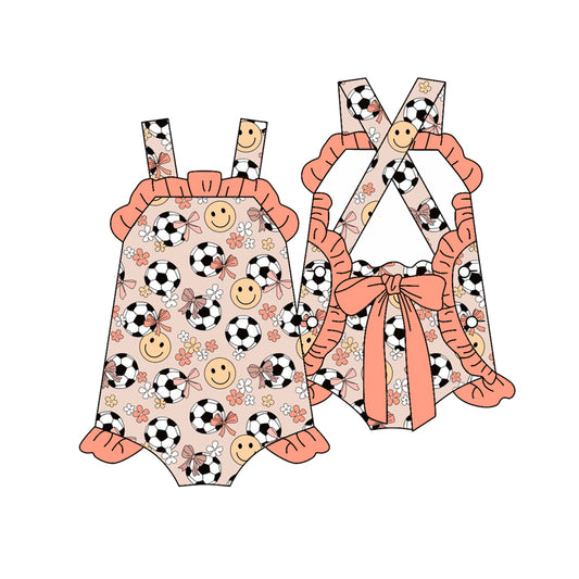 Preorder(moq 5)Baby Infant Girls Peach Strap Flowers Smiles Footballs Ruffle Rompers