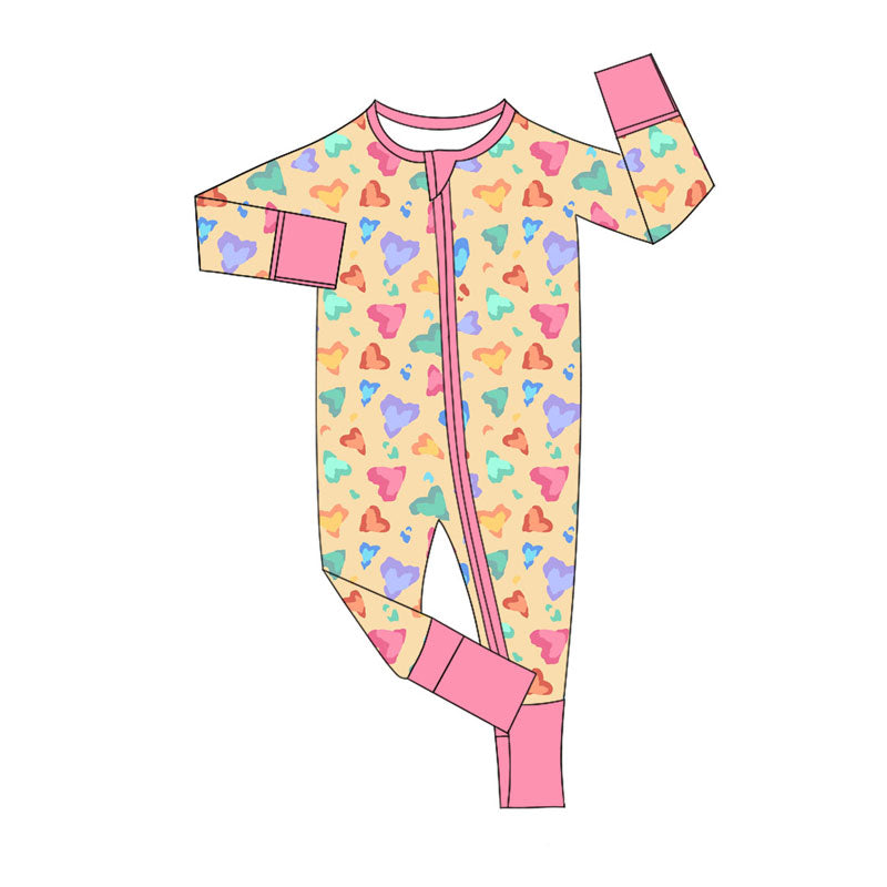 Preorder (moq 5)Baby Girls Colorful Hearts Leopard Valentine Zipper Footie Rompers