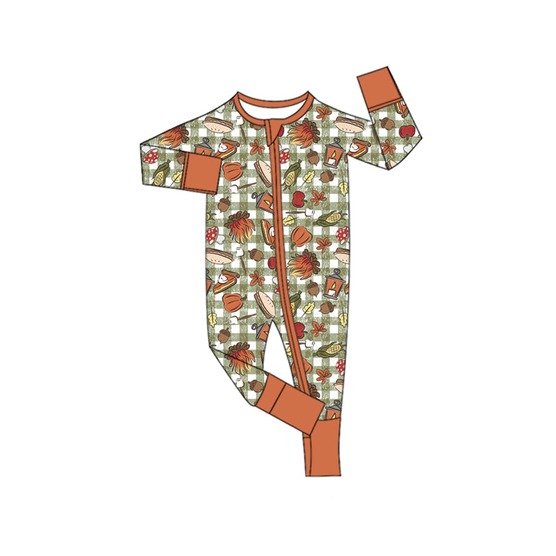 Preorder moq 5 Baby Infant Boys Long Sleeves Green Plaid Turkey Pumpkins Zipper Romper