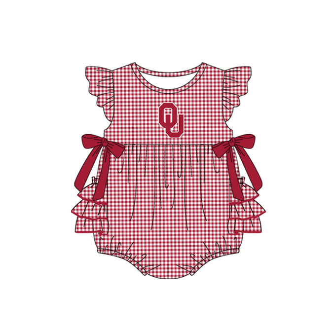 Preorder moq 5 Baby Girls Red Plaid Flutter Sleeves Bows OU Team Rompers