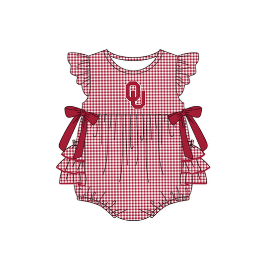 Preorder moq 5 Baby Girls Red Plaid Flutter Sleeves Bows OU Team Rompers