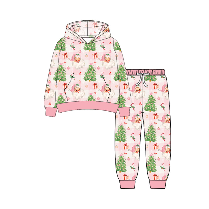 Preorder (moq 5)Baby Boys Long Sleeves Pink Santa Trees Plaid Button Pocket Hoodies Legging Pants Set