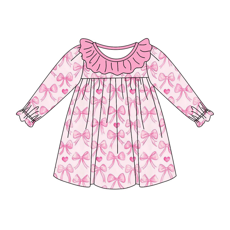 Preorder (moq 5)Baby Girls Pink Hearts Bows Ruffle Sleeve Knee Length Dresses