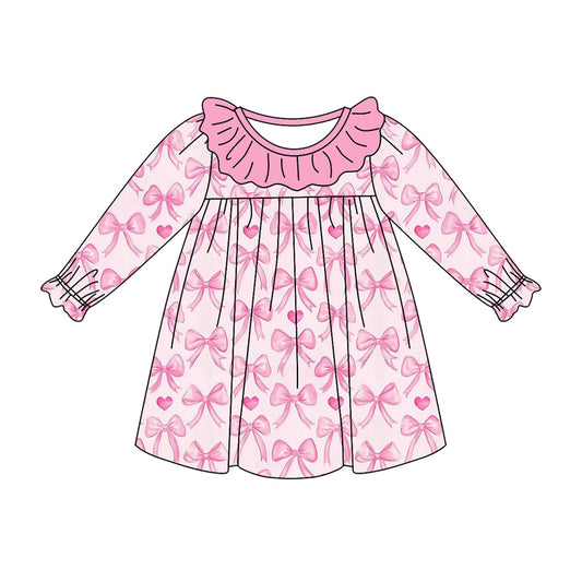 Preorder (moq 5)Baby Girls Pink Hearts Bows Ruffle Sleeve Knee Length Dresses