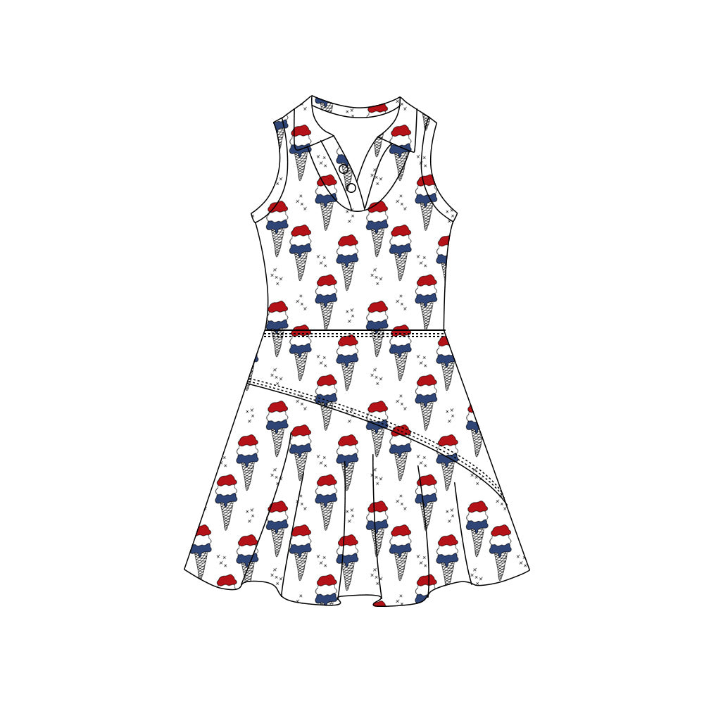 Preorder (moq 5)Baby Girls Red Blue Ice Creams 4th of July Button Pleated Knee Length Dresses
