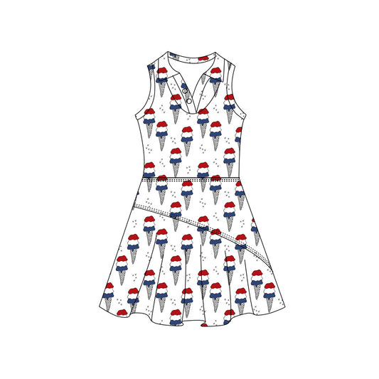 Preorder (moq 5)Baby Girls Red Blue Ice Creams 4th of July Button Pleated Knee Length Dresses
