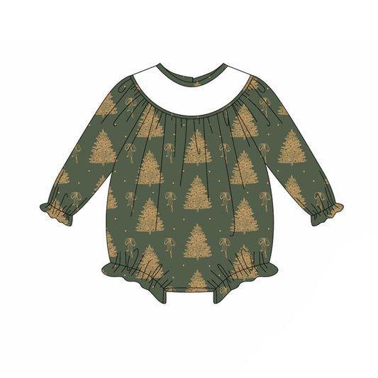 Preorder (moq 5)Baby Girls Green Bows Trees Christmas Ruffle Rompers