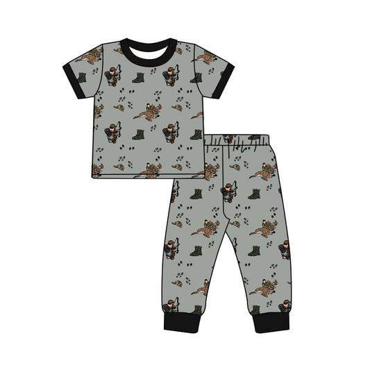Preorder (moq 5)Baby Boys Short Sleeves Dark Gray Hunting Top Pant Pajamas Set