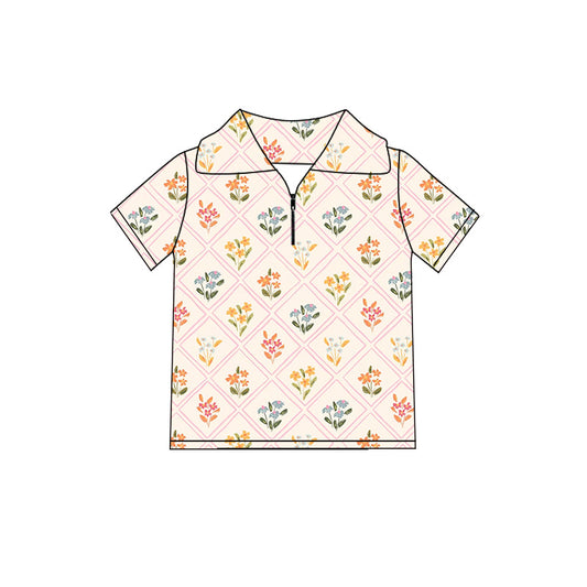 Preorder (moq 5)Baby Girls Colorful Flowers Checked Zip Pullovers Top
