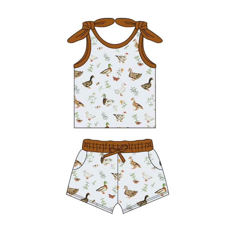 Preorder (moq 5)Baby Girls Brown Mallard Ducks Summer Shirt Top Shorts Clothes Sets